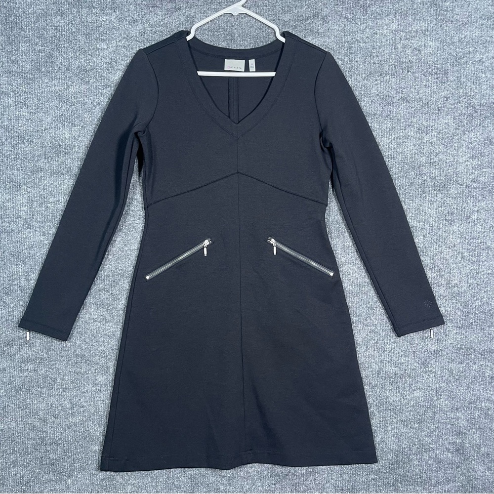 Athleta Women’s SP Black Celebration Dress V Neck Longsleeve‎ Ponte Knit Zippers